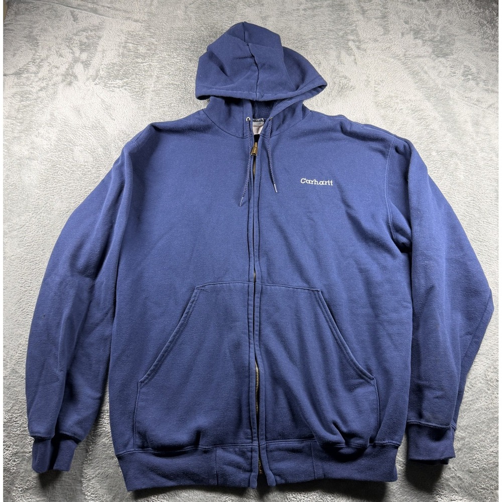 Vintage Carhartt K122 Hoodie Mens L Navy Blue Full Zip Embroidered Logo